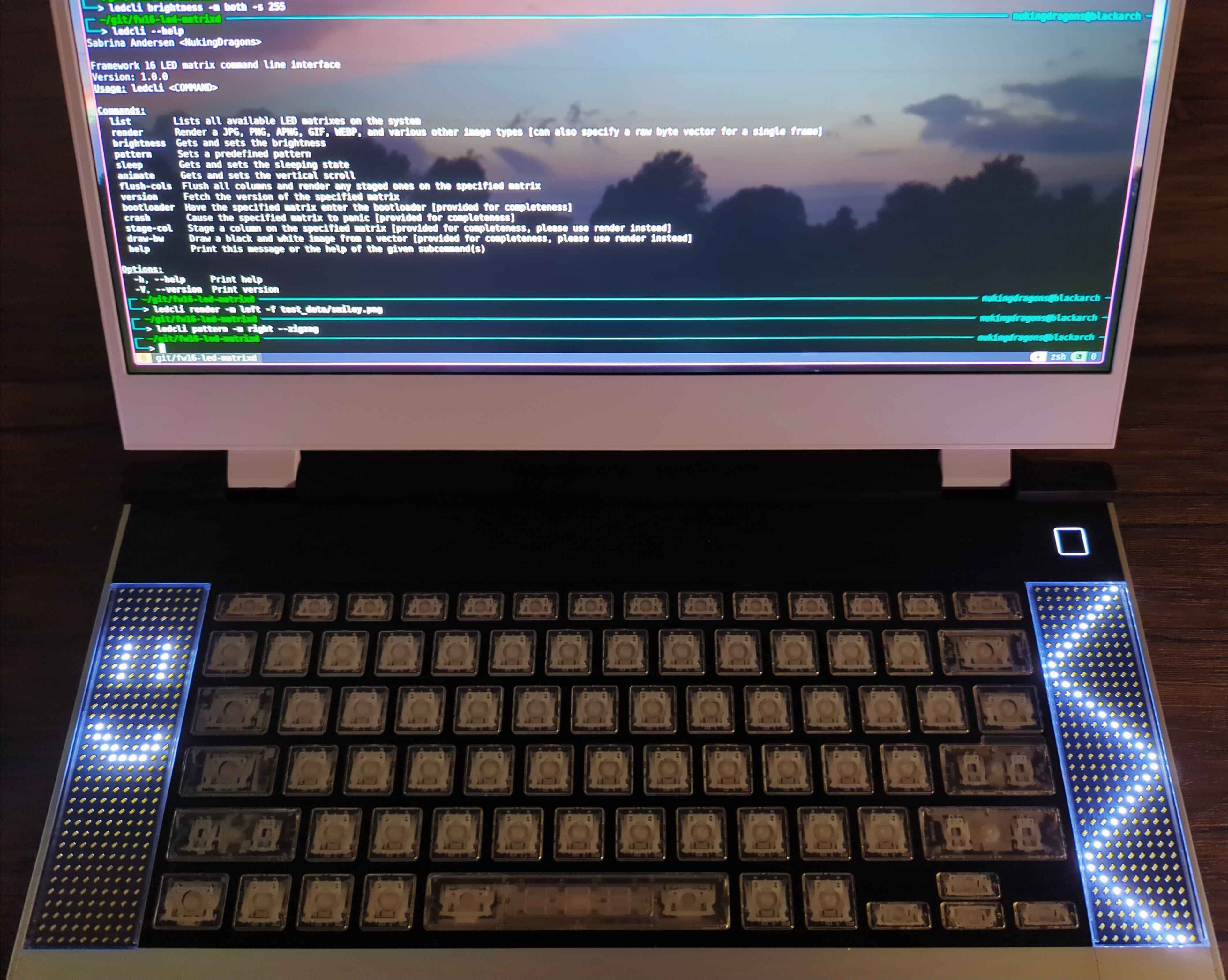 fw16-led-matrixd running on a Framework Laptop 16 with dual LED matrix modules